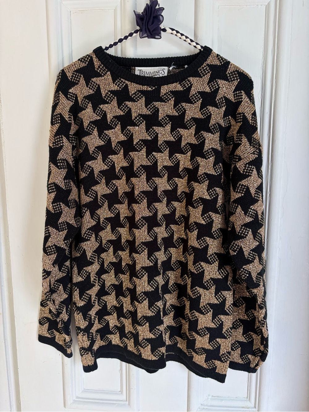 Vintage Black and Gold Houndstooth Metallic Crewneck Sweater